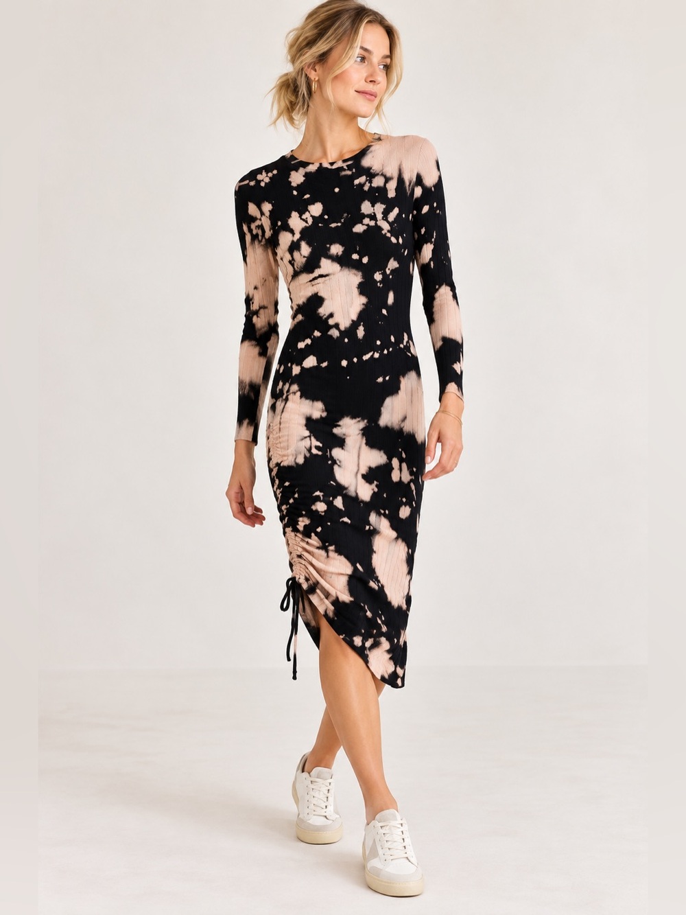LAmade Tie Dye Ruched Rib Knit Midi Dress Black Blush Made in USA Medium NWT